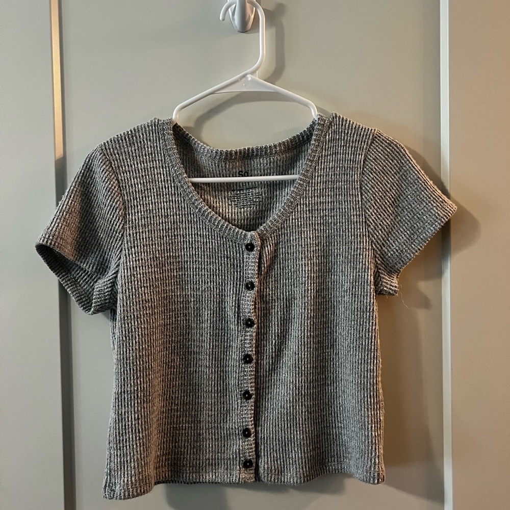 Gray Ribbed Button-Up Top